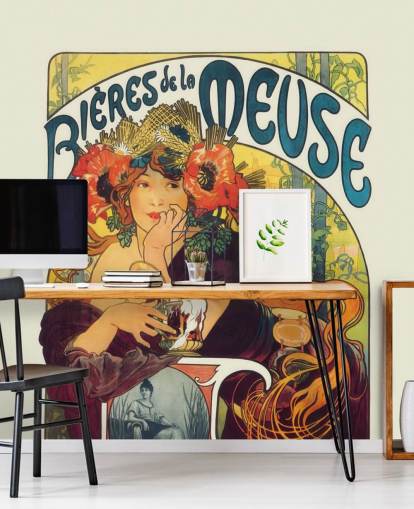 fine art wallpaper mural called Bieres de la Meuse by Alphonse Mucha by lounges and bedrooms