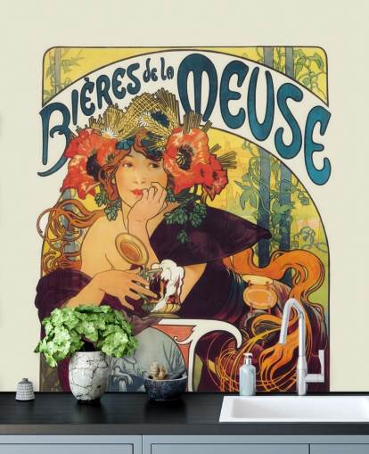 mural de papel pintado de bellas artes llamado Bieres de la Meuse de Alphonse Mucha junto a salones y dormitorios mural de papel pintado de bellas artes llamado Bieres de la Meuse de Alphonse Mucha junto a salones y dormitorios