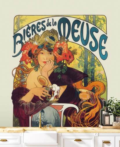 fine art wallpaper mural called Bieres de la Meuse by Alphonse Mucha by lounges and bedrooms