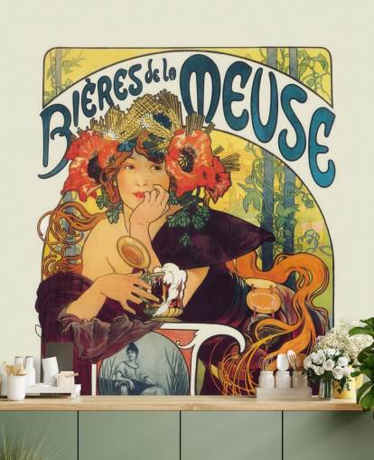 papier peint mural d'art appelé Bières de la Meuse par Alphonse Mucha, réalisé par Lounges and Bedrooms