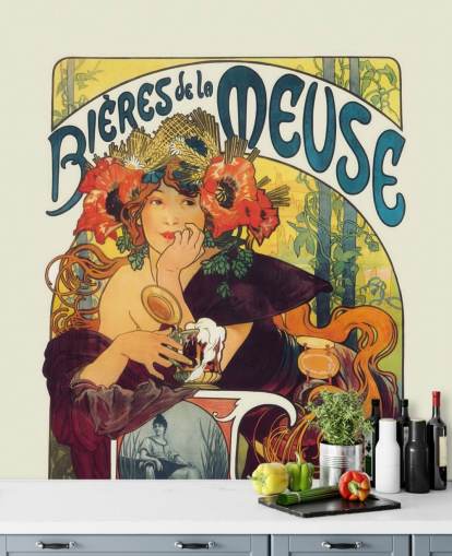 fine art wallpaper mural called Bieres de la Meuse by Alphonse Mucha by lounges and bedrooms