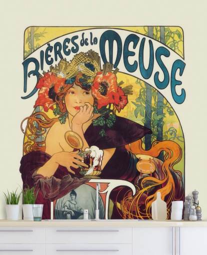mural de papel pintado de bellas artes llamado Bieres de la Meuse de Alphonse Mucha junto a salones y dormitorios mural de papel pintado de bellas artes llamado Bieres de la Meuse de Alphonse Mucha junto a salones y dormitorios