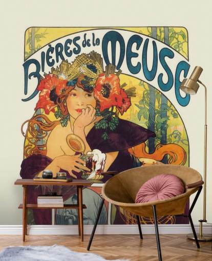 fine art wallpaper mural called Bieres de la Meuse by Alphonse Mucha by lounges and bedrooms