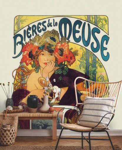 kunstbehangmuurschildering genaamd Bieres de la Meuse van Alphonse Mucha van lounges en slaapkamers kunstbehangmuurschildering genaamd Bieres de la Meuse van Alphonse Mucha van lounges en slaapkamers