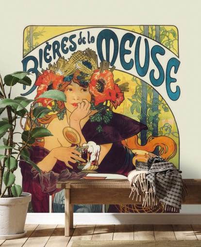 mural de papel de parede de belas artes chamado Bieres de la Meuse de Alphonse Mucha por salões e quartos