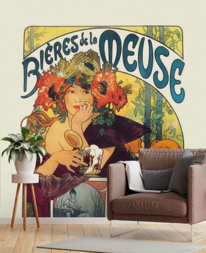 mural de papel pintado de bellas artes llamado Bieres de la Meuse de Alphonse Mucha junto a salones y dormitorios
