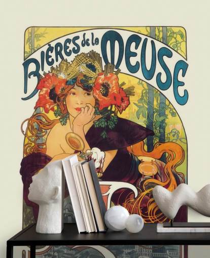 fine art wallpaper mural called Bieres de la Meuse by Alphonse Mucha by lounges and bedrooms