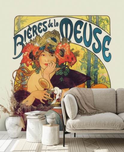 fine art wallpaper mural called Bieres de la Meuse by Alphonse Mucha by lounges and bedrooms