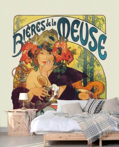 kunstbehangmuurschildering genaamd Bieres de la Meuse van Alphonse Mucha van lounges en slaapkamers