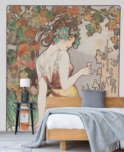art nouveau muurschildering genaamd Cognac Bisquit van Alphonse Mucha voor woon- en slaapkamers