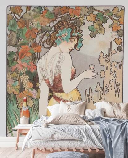 Alphonse Muchan art nouveau -seinämaalaus nimeltä Cognac Bisquit olohuoneisiin ja makuuhuoneisiin Alphonse Muchan art nouveau -seinämaalaus nimeltä Cognac Bisquit olohuoneisiin ja makuuhuoneisiin