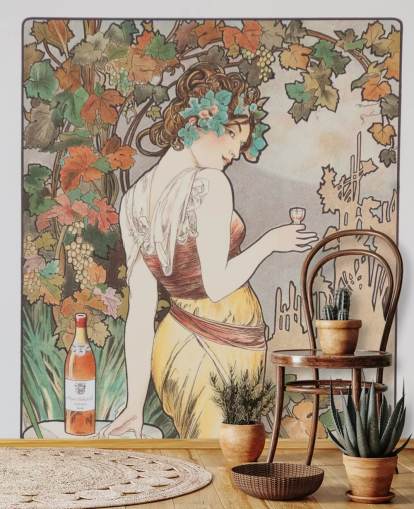 murale art nouveau chiamato Cognac Bisquit di Alphonse Mucha per salotti e camere da letto