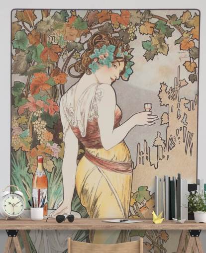 art nouveau muurschildering genaamd Cognac Bisquit van Alphonse Mucha voor woon- en slaapkamers