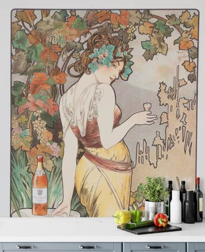 art nouveau muurschildering genaamd Cognac Bisquit van Alphonse Mucha voor woon- en slaapkamers