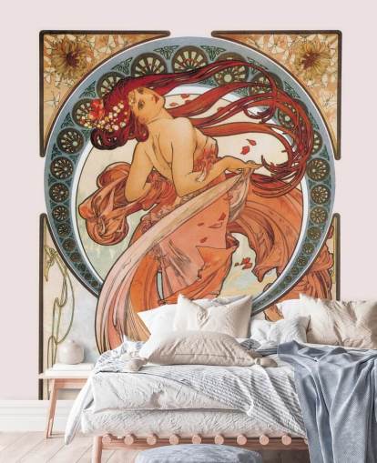 art nouveau wallpaper mural called Dance (Rose) by Alphonse Mucha for lounges and bedrooms