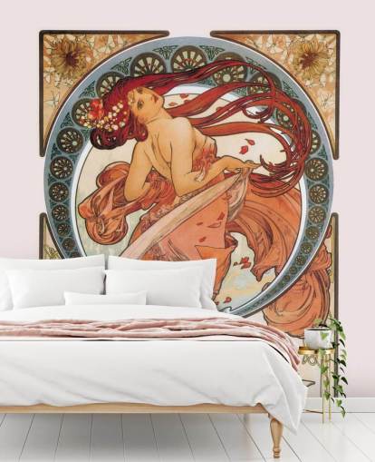 art nouveau wallpaper mural called Dance (Rose) by Alphonse Mucha for lounges and bedrooms