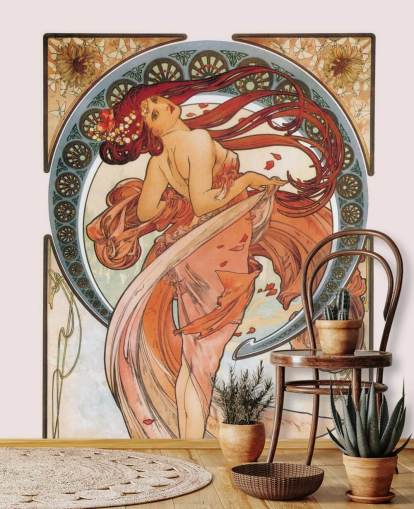 Jugendstil-Tapete namens Dance (Rose) von Alphonse Mucha für Wohn- und Schlafzimmer Jugendstil-Tapete namens Dance (Rose) von Alphonse Mucha für Wohn- und Schlafzimmer