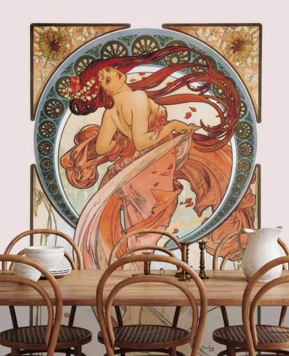 art nouveau wallpaper mural called Dance (Rose) by Alphonse Mucha for lounges and bedrooms
