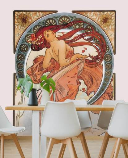 mural de papel pintado art nouveau llamado Dance (Rose) de Alphonse Mucha para salones y dormitorios