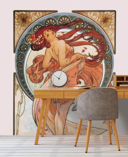 mural de papel pintado art nouveau llamado Dance (Rose) de Alphonse Mucha para salones y dormitorios
