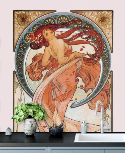 mural de papel pintado art nouveau llamado Dance (Rose) de Alphonse Mucha para salones y dormitorios