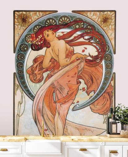 art nouveau wallpaper mural called Dance (Rose) by Alphonse Mucha for lounges and bedrooms
