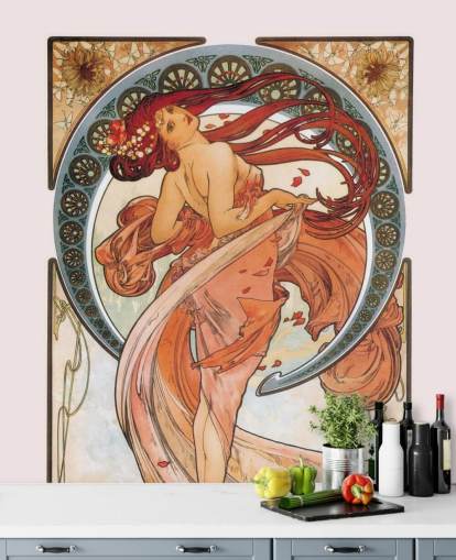 Jugendstil-Tapete namens Dance (Rose) von Alphonse Mucha für Wohn- und Schlafzimmer