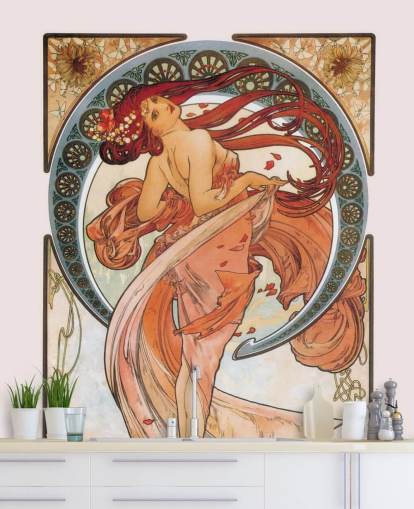 art nouveau wallpaper mural called Dance (Rose) by Alphonse Mucha for lounges and bedrooms