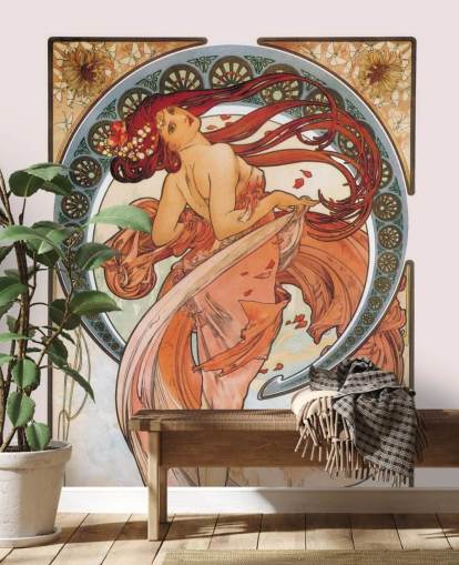Art nouveau muurschildering genaamd Dance (Rose) van Alphonse Mucha voor woon- en slaapkamers