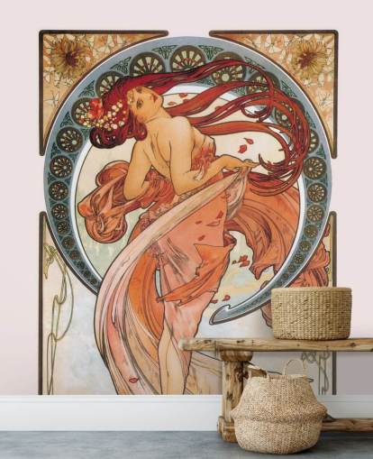 art nouveau wallpaper mural called Dance (Rose) by Alphonse Mucha for lounges and bedrooms