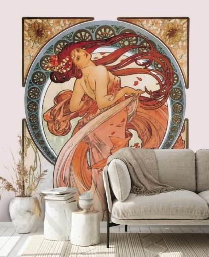 carta da parati murale art nouveau chiamata Dance (Rose) di Alphonse Mucha per salotti e camere da letto