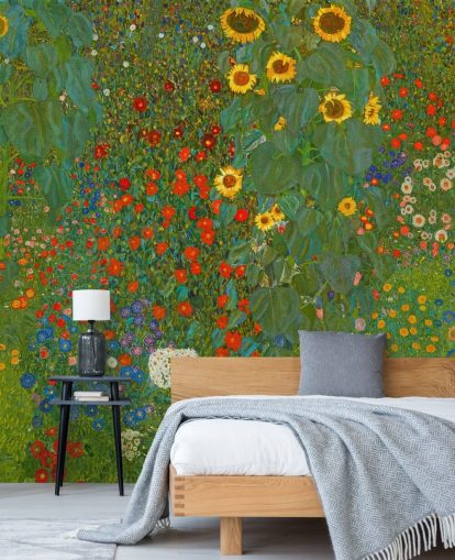 konsttapet väggmålning kallad Farm Garden with Solrosor av Gustav Klimt för sovrum, kök och lounger