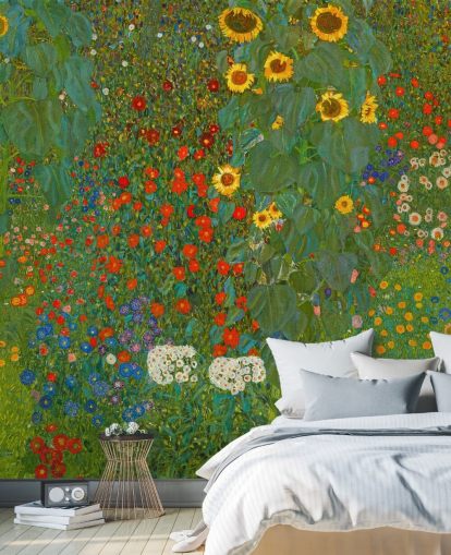 Kunsttapete mit dem Titel Bauerngarten mit Sonnenblumen von Gustav Klimt für Schlafzimmer, Küchen und Lounges Kunsttapete mit dem Titel Bauerngarten mit Sonnenblumen von Gustav Klimt für Schlafzimmer, Küchen und Lounges