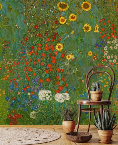 kunsttapet vægmaleri kaldet Farm Garden with Solsikker af Gustav Klimt til soveværelser, køkkener og stuer kunsttapet vægmaleri kaldet Farm Garden with Solsikker af Gustav Klimt til soveværelser, køkkener og stuer