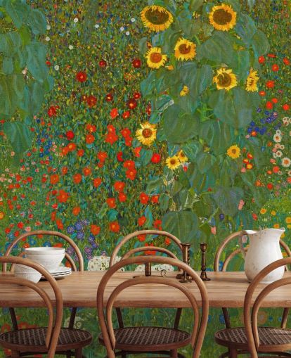 fine art wallpaper mural called Farm Garden with Sunflowers by Gustav Klimt for bedrooms, kitchens and lounges