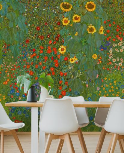 kunsttapet vægmaleri kaldet Farm Garden with Solsikker af Gustav Klimt til soveværelser, køkkener og stuer