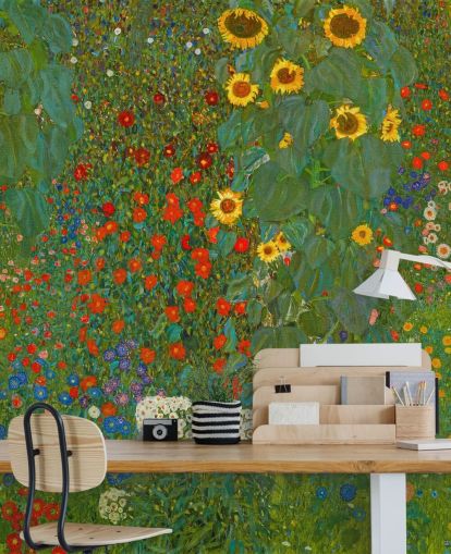 fine art wallpaper mural called Farm Garden with Sunflowers by Gustav Klimt for bedrooms, kitchens and lounges