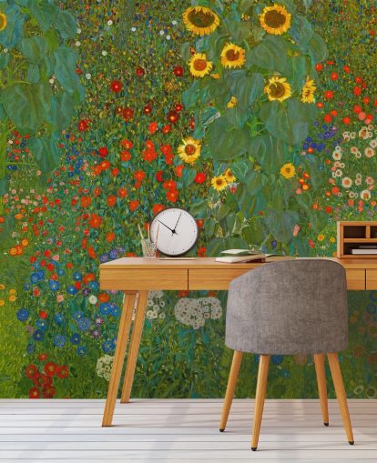 kunsttapet vægmaleri kaldet Farm Garden with Solsikker af Gustav Klimt til soveværelser, køkkener og stuer