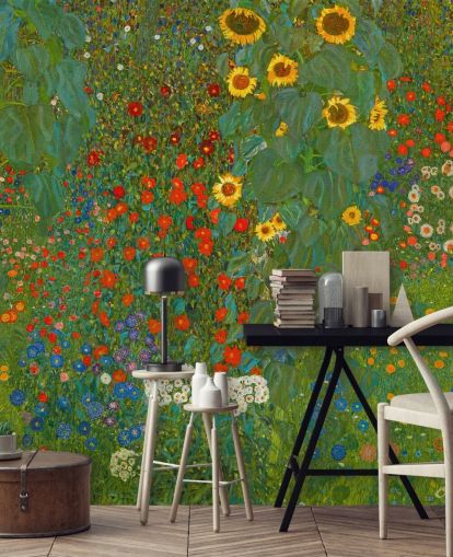 konsttapet väggmålning kallad Farm Garden with Solrosor av Gustav Klimt för sovrum, kök och lounger