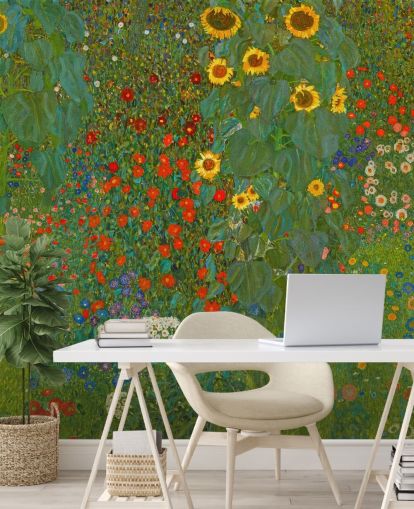 papier peint mural d'art intitulé Farm Garden with Sunflowers de Gustav Klimt pour les chambres, les cuisines et les salons