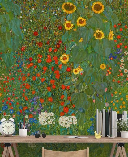 Gustav Klimtin taidetaustakuvamaalaus nimeltä Farm Garden with Sunflowers, kirjoittanut Gustav Klimt makuuhuoneisiin, keittiöihin ja oleskelutiloihin Gustav Klimtin taidetaustakuvamaalaus nimeltä Farm Garden with Sunflowers, kirjoittanut Gustav Klimt makuuhuoneisiin, keittiöihin ja oleskelutiloihin