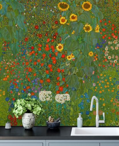Gustav Klimtin taidetaustakuvamaalaus nimeltä Farm Garden with Sunflowers, kirjoittanut Gustav Klimt makuuhuoneisiin, keittiöihin ja oleskelutiloihin