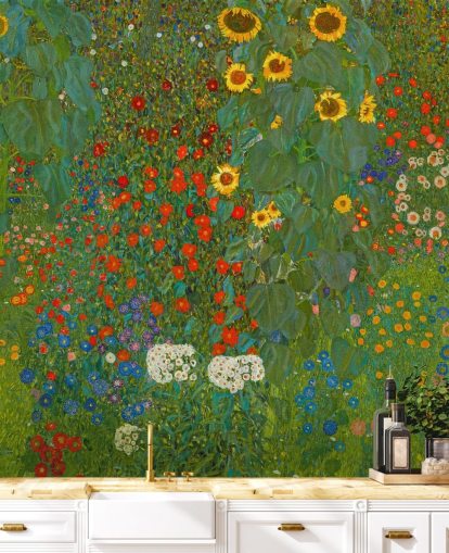 mural de papel pintado de bellas artes llamado Farm Garden with Sunflowers de Gustav Klimt para dormitorios, cocinas y salones