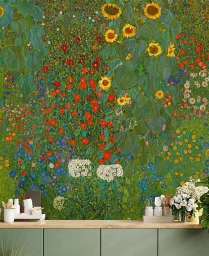 Gustav Klimtin taidetaustakuvamaalaus nimeltä Farm Garden with Sunflowers, kirjoittanut Gustav Klimt makuuhuoneisiin, keittiöihin ja oleskelutiloihin