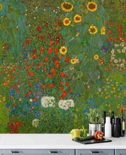 fine art wallpaper mural called Farm Garden with Sunflowers by Gustav Klimt for bedrooms, kitchens and lounges