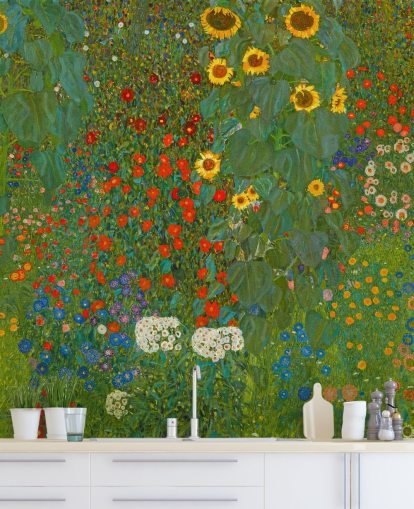 carta da parati fine art chiamata Farm Garden with Sunflowers di Gustav Klimt per camere da letto, cucine e salotti carta da parati fine art chiamata Farm Garden with Sunflowers di Gustav Klimt per camere da letto, cucine e salotti