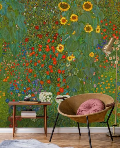 kunsttapet veggmaleri kalt Farm Garden with Solsikker av Gustav Klimt for soverom, kjøkken og salonger