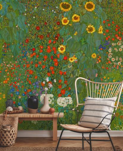 Kunsttapete mit dem Titel Bauerngarten mit Sonnenblumen von Gustav Klimt für Schlafzimmer, Küchen und Lounges