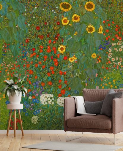 kunsttapet veggmaleri kalt Farm Garden with Solsikker av Gustav Klimt for soverom, kjøkken og salonger