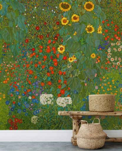 mural de papel pintado de bellas artes llamado Farm Garden with Sunflowers de Gustav Klimt para dormitorios, cocinas y salones
